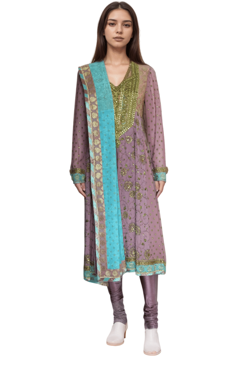 Ritu Kumar Heavy Embroidered Pink And Blue Anarkali Suit Set