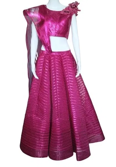 Amit Aggarwal Fuschia Metallic Polymer Lehenga Set