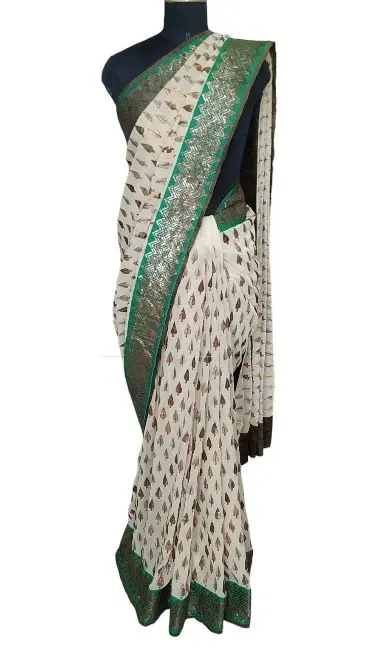 Anamika Khanna Offwhite/Teal Saree-Hover-Image