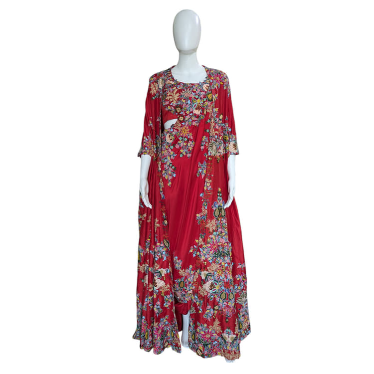 Anamika Khanna Red Floral Embellished Cape Set-Hover-Image