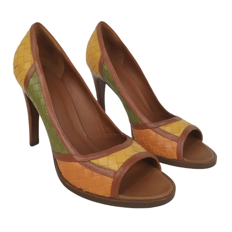 Bottega Veneta Multicolor Woven Leather Peep Toe Pumps-Hover-Image