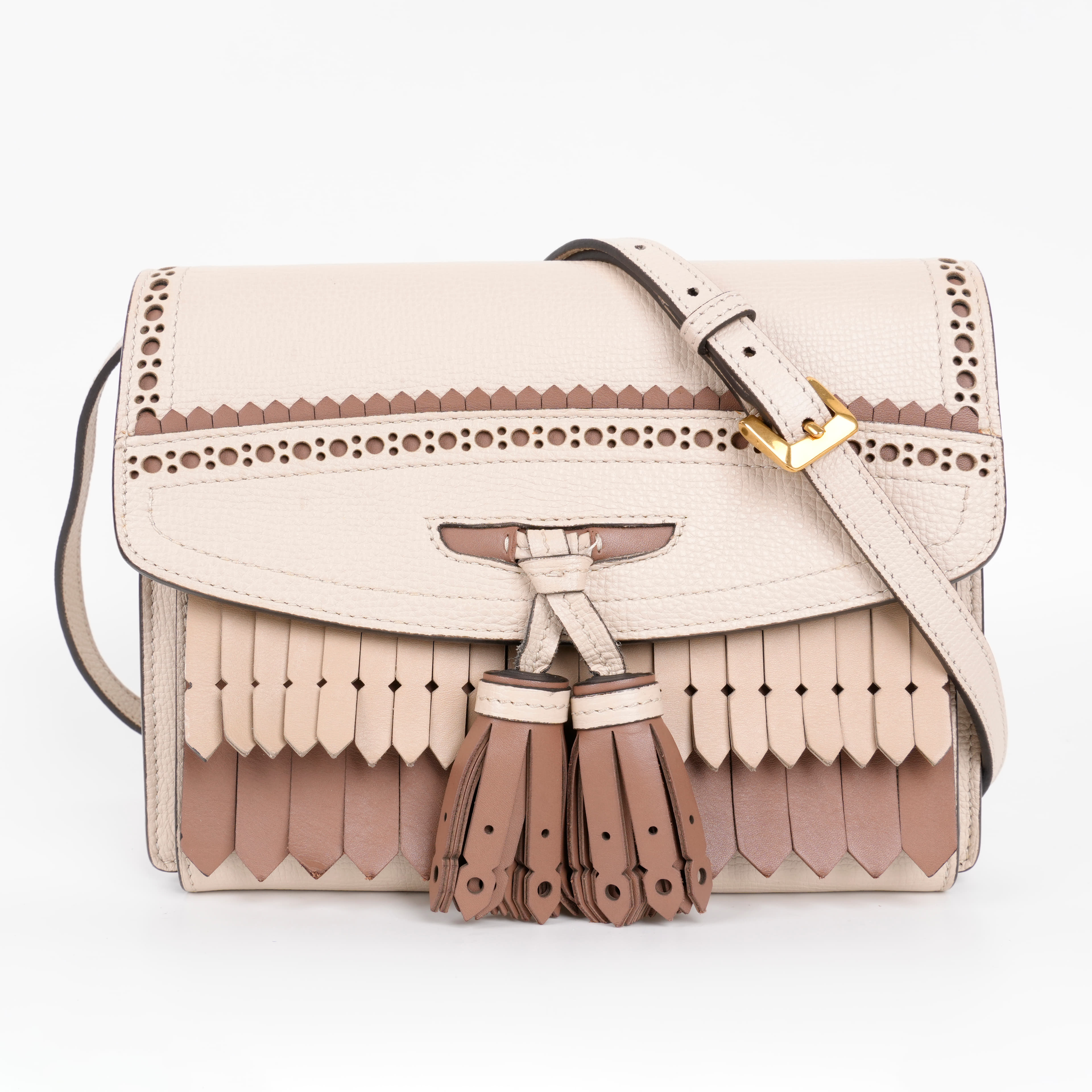 Burberry Grainy Calfskin Broguing Tassel Fringe Small Macken Crossbody Bag Beige