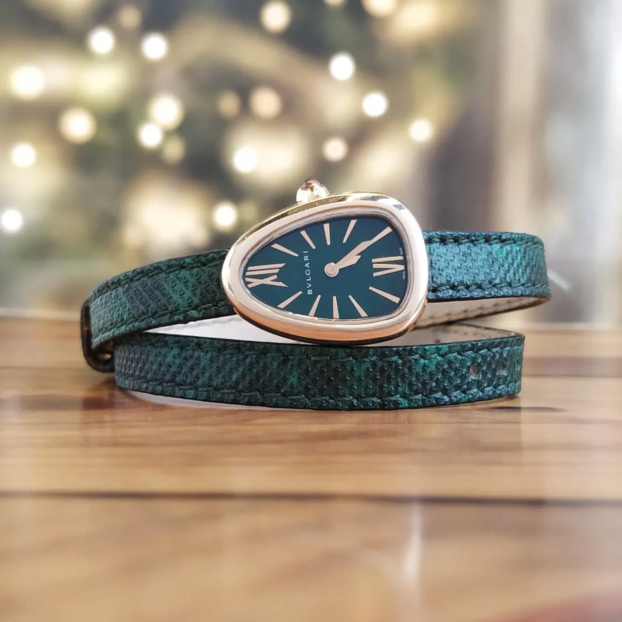 Bvlgari Serpenti 27 MM Rose Gold Green Dial Double Spiral Green Karung Strap