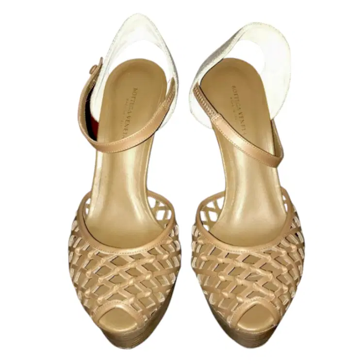 Bottega Veneta Tan Leather Canvas Ankle Strap Sandals-Hover-Image