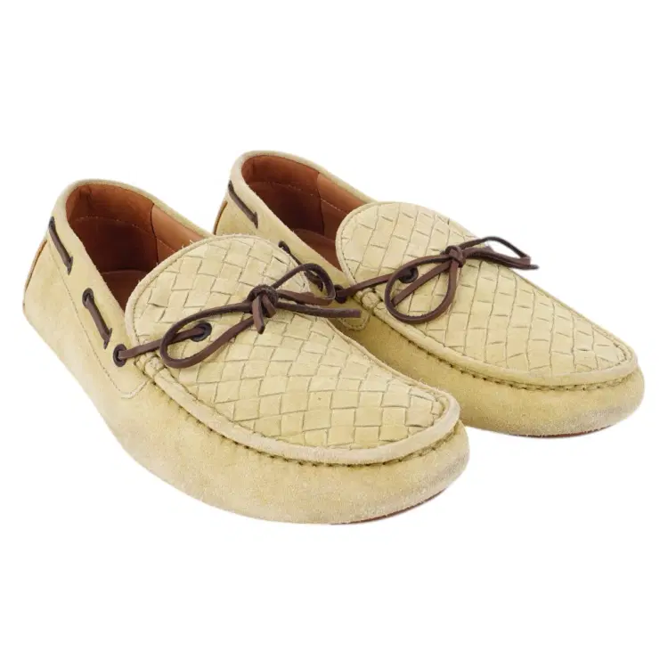 Bottega Veneta Beige Intrecciato Suede Bow Slip On Loafers-Hover-Image