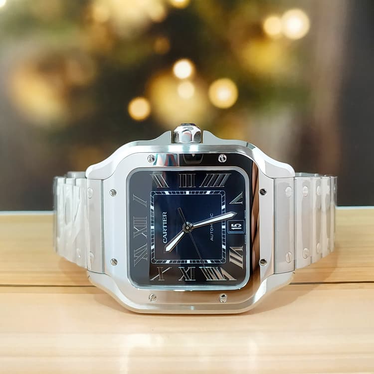 Cartier Santos De Cartier Blue Dial Steel & Leather Bracelet Full Set-Hover-Image