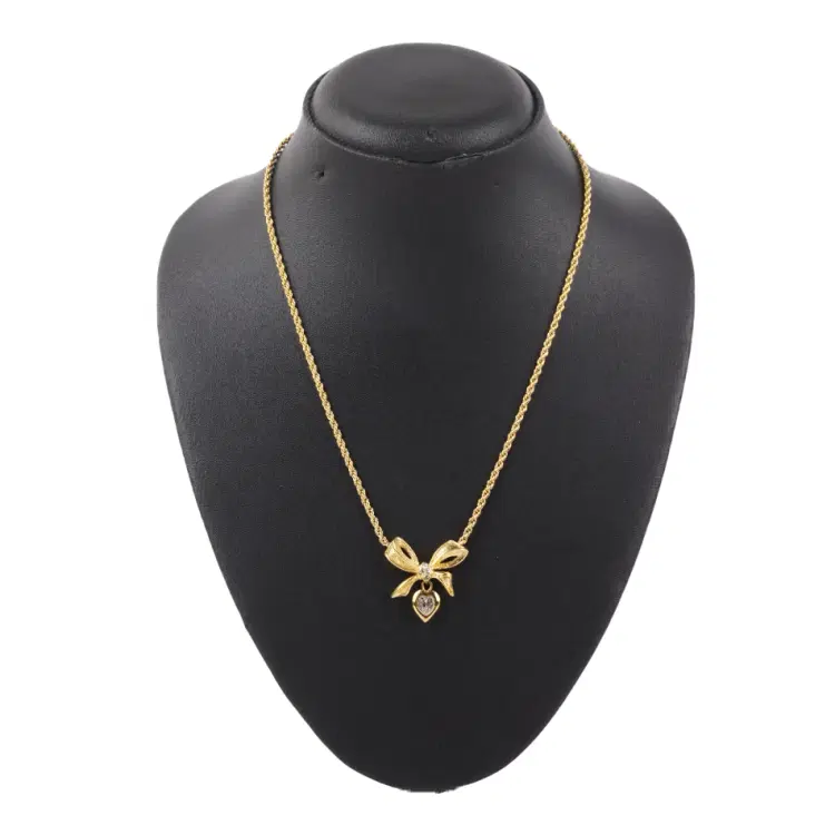 Christian Dior Vintage 1970s Knot Bow Crystals Heart Gold Drop Pendant Necklace-Hover-Image