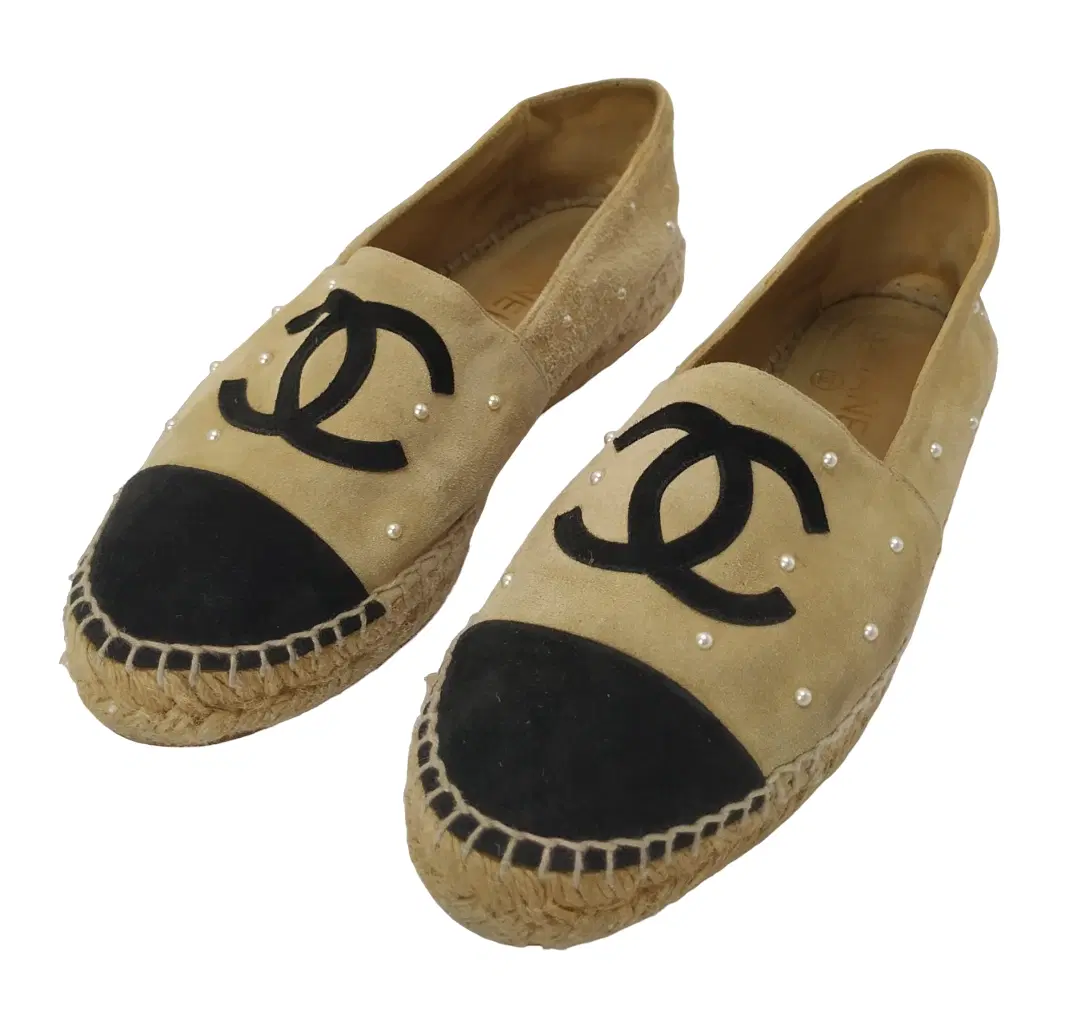 Chanel CC Suede Pearl Flats Espadrilles