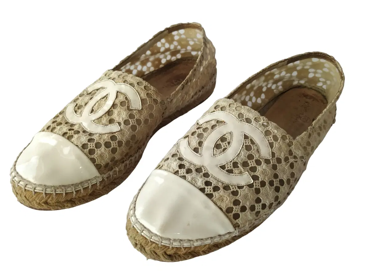 Chanel Ivory Crochet and Patent Leather Espadrilles