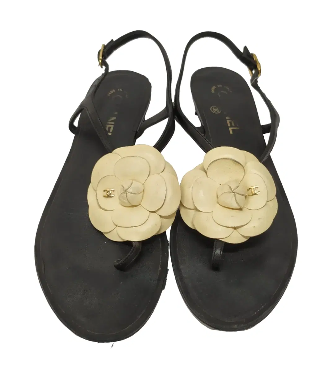 Chanel Black Leather Camellia CC Flat Sandals