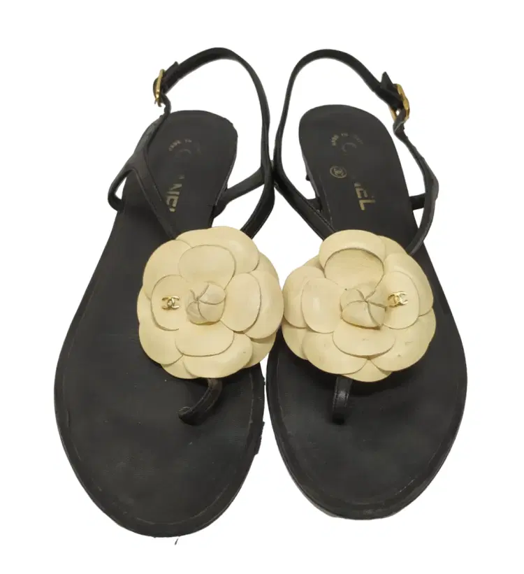 Chanel Black Leather Camellia CC Flat Sandals-Hover-Image