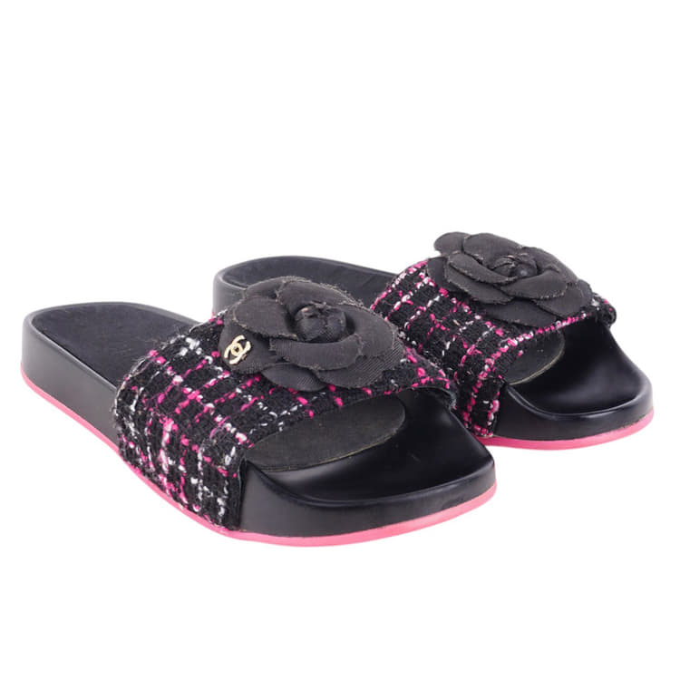 Chanel Black And Pink Tweed Camellia Embellished Flat Slides,Size 38-Hover-Image