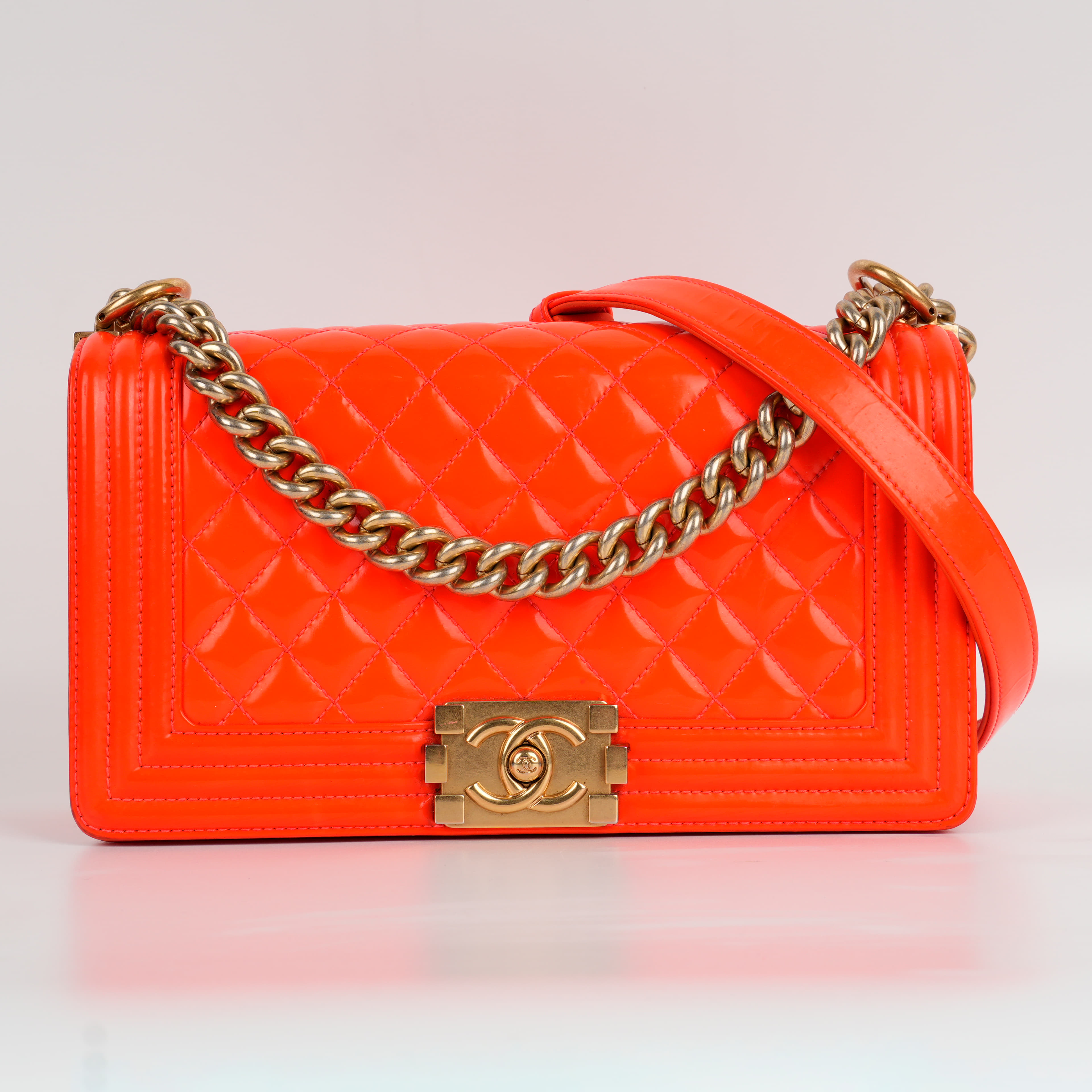 Chanel Orange Fluo Quilted Patent Leather Medium Boy Bag