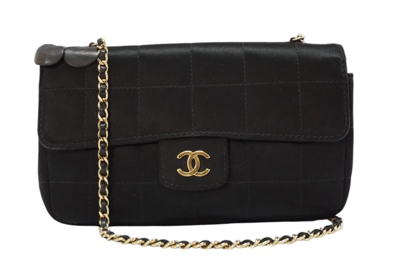 Chanel Womens Vintage Camellia Satin Classic Flap Black