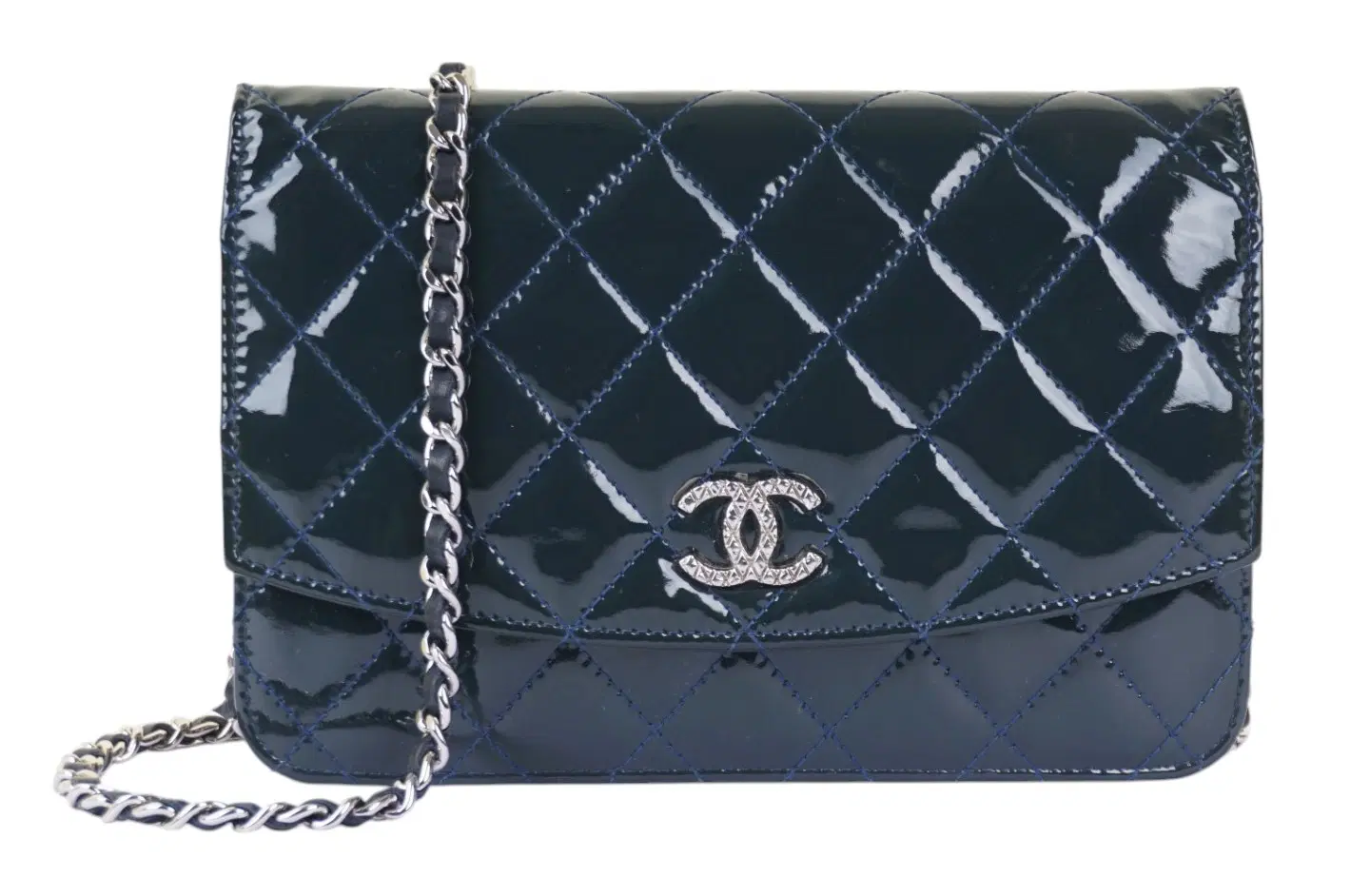 Chanel Blue Quilted Patent Leather Brilliant Wallet On Chain