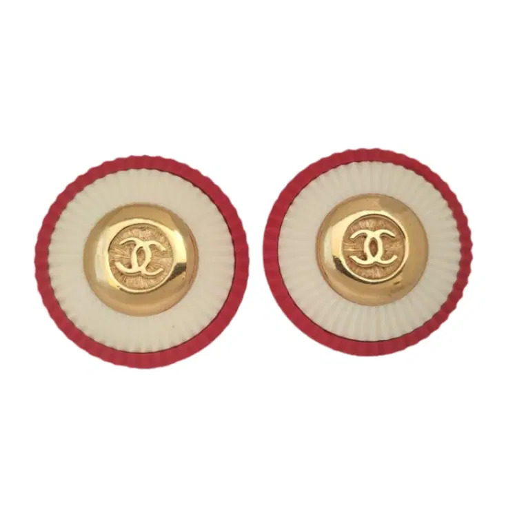 Chanel Vintage CC Logo Red and White Round Earrings-Hover-Image