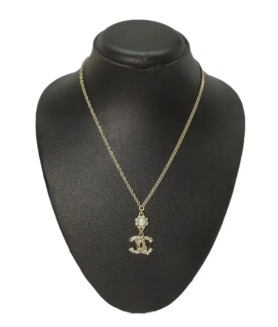 Chanel Coco Mark Rhinestone Pearl Necklace Light Gold