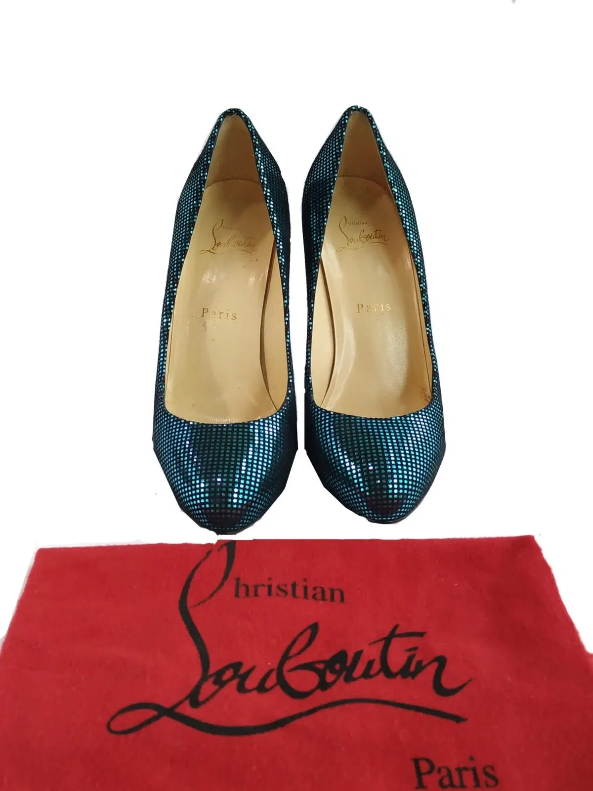 Christian Louboutin Turquoise Suede Square Metal Declic 120 Pumps