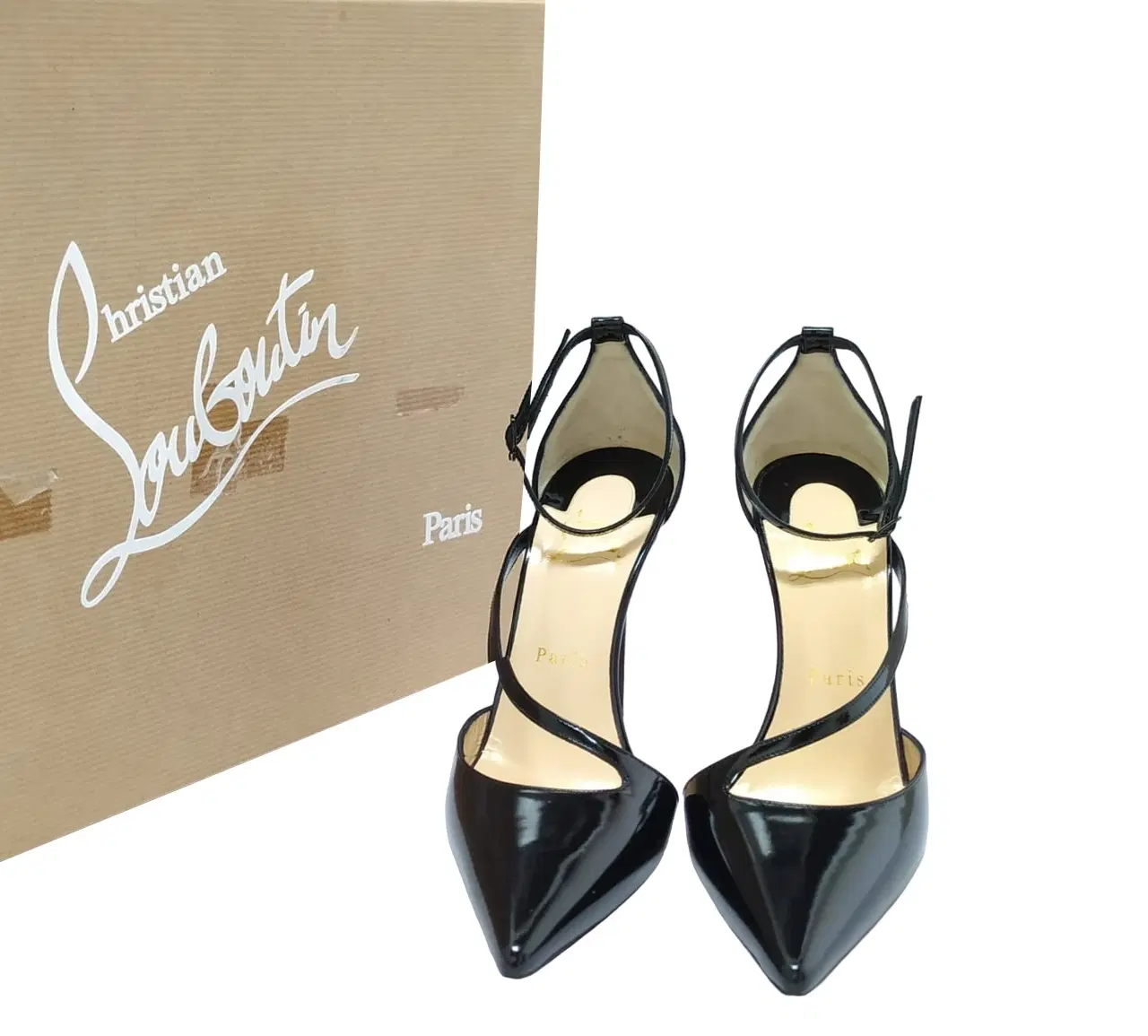 Christian Louboutin Fliketta Black Patent Leather Cross Ankle Strap Pump