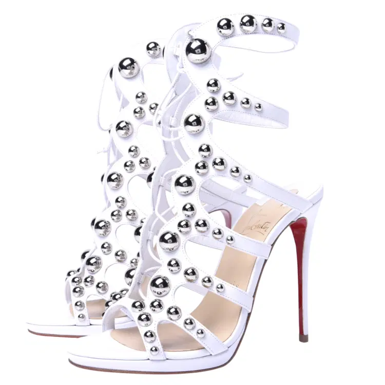 Christian Louboutin White Leather Studded Amazoubille Lace Up Sandals-Hover-Image