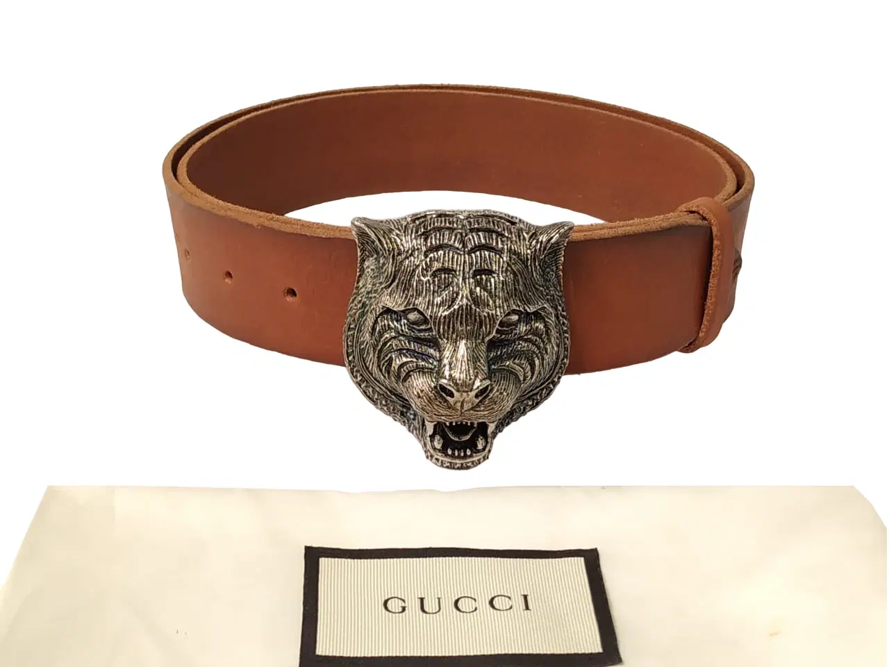 Gucci Tiger Head Feline Antique Buckle Leather Belt