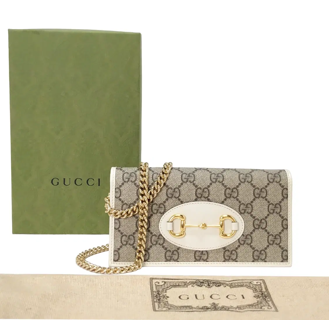 Gucci White/Beige GG Canvas And Leather Horsebit 1955 Wallet on Chain