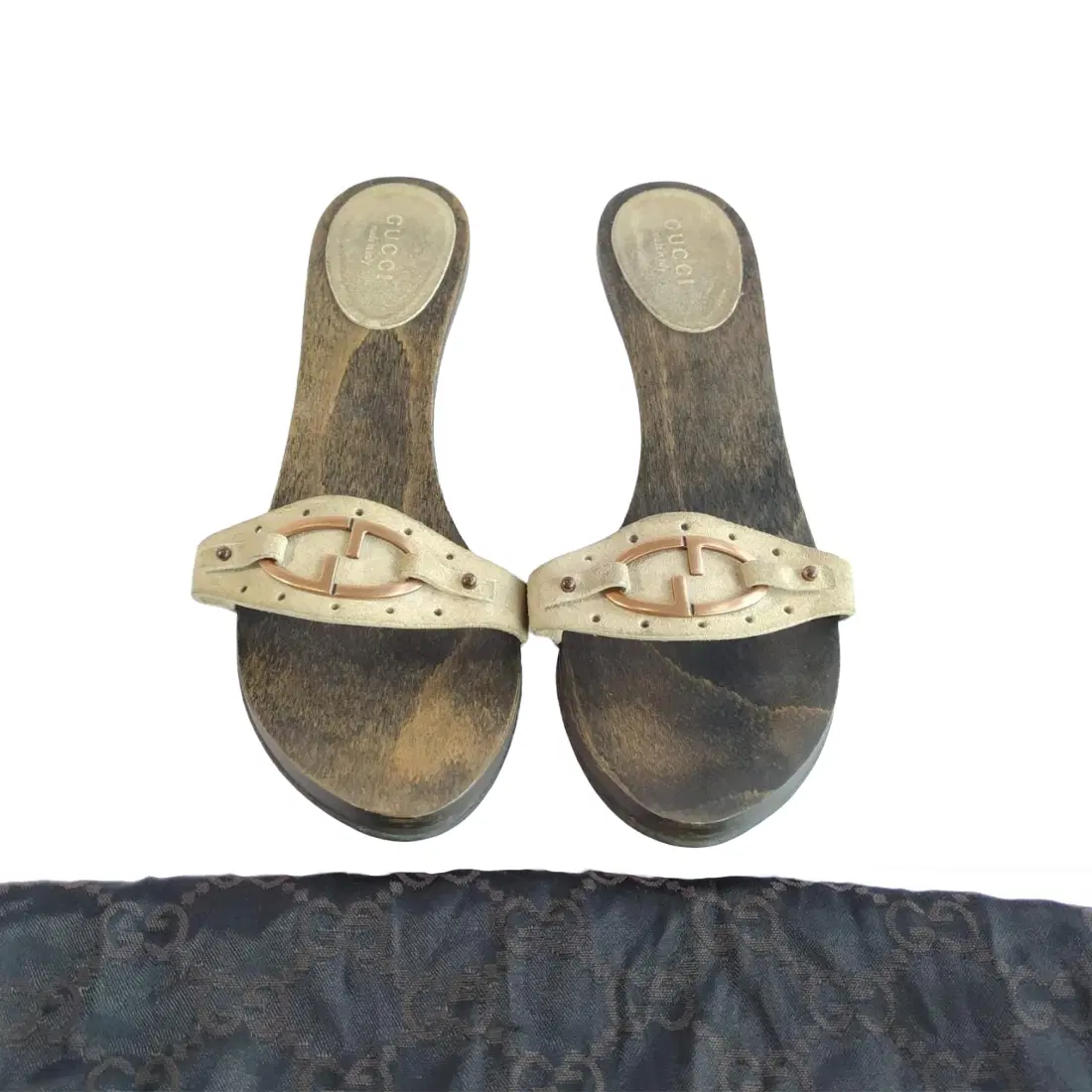 Gucci Perforated Suede GG Logo Embellished Wooden Sandals