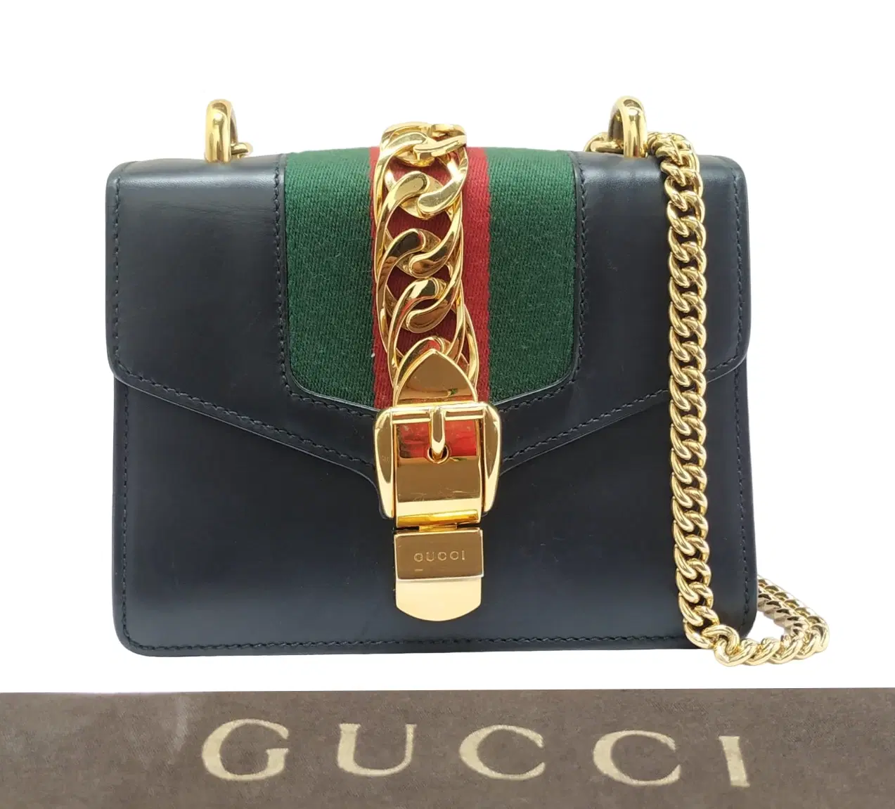 Gucci Sylvie Web Black Leather Mini Chain Bag