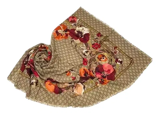 Gucci Beige GG Floral & Chain Print Wool Scarf-Hover-Image