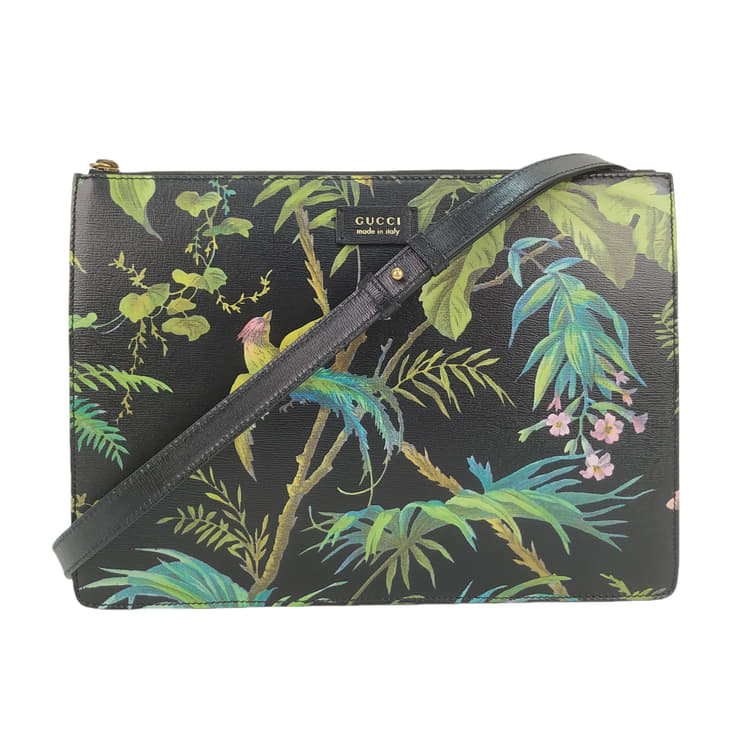Gucci Black Leather Tropical Bird Print Capsule Crossbody Strap Bag-Hover-Image