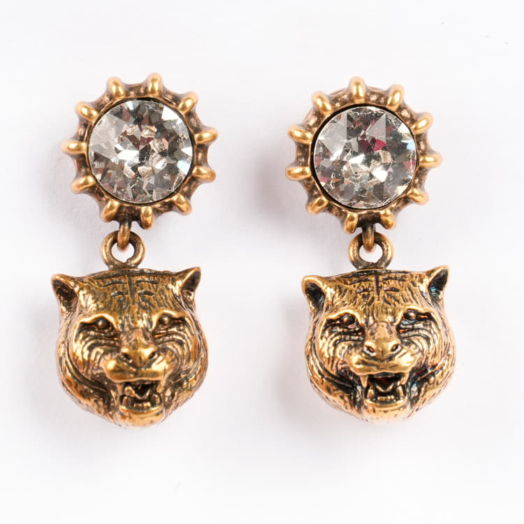 Gucci Crystal Feline Head Drop Earrings-Hover-Image