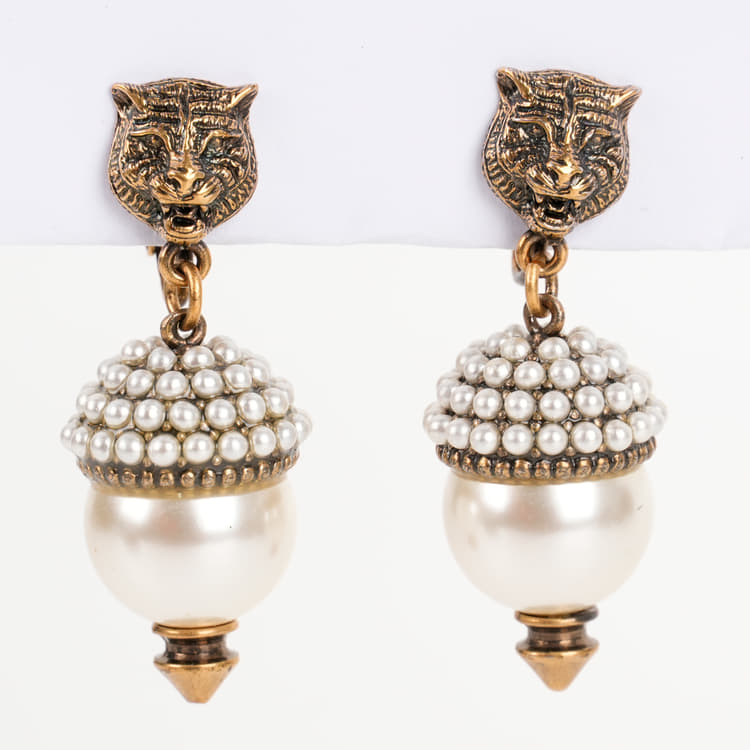 Gucci Feline Head Pearl Drop Earrings-Hover-Image