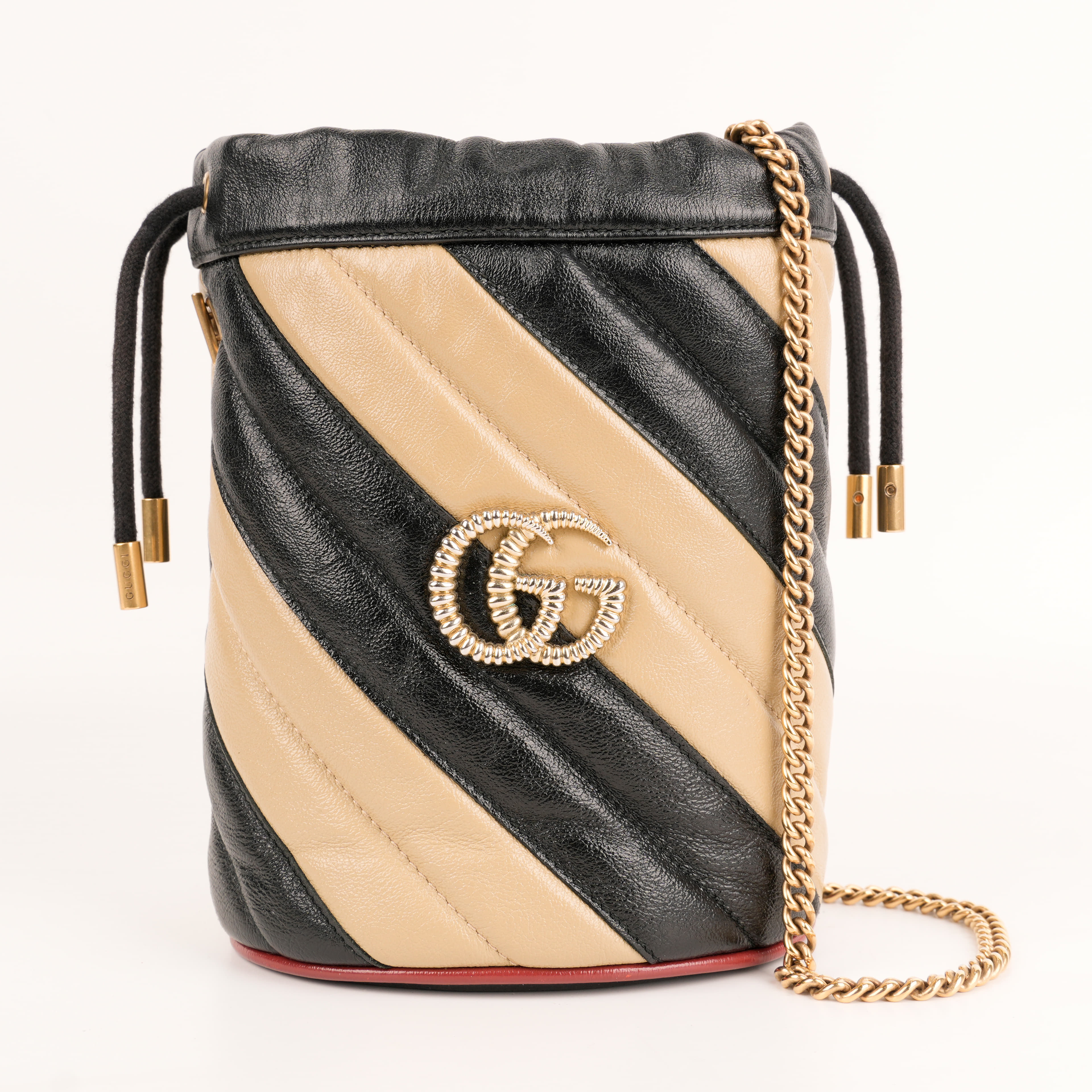 Gucci Black/Beige Diagonal Leather Mini GG Marmont Torchon Bucket Bag