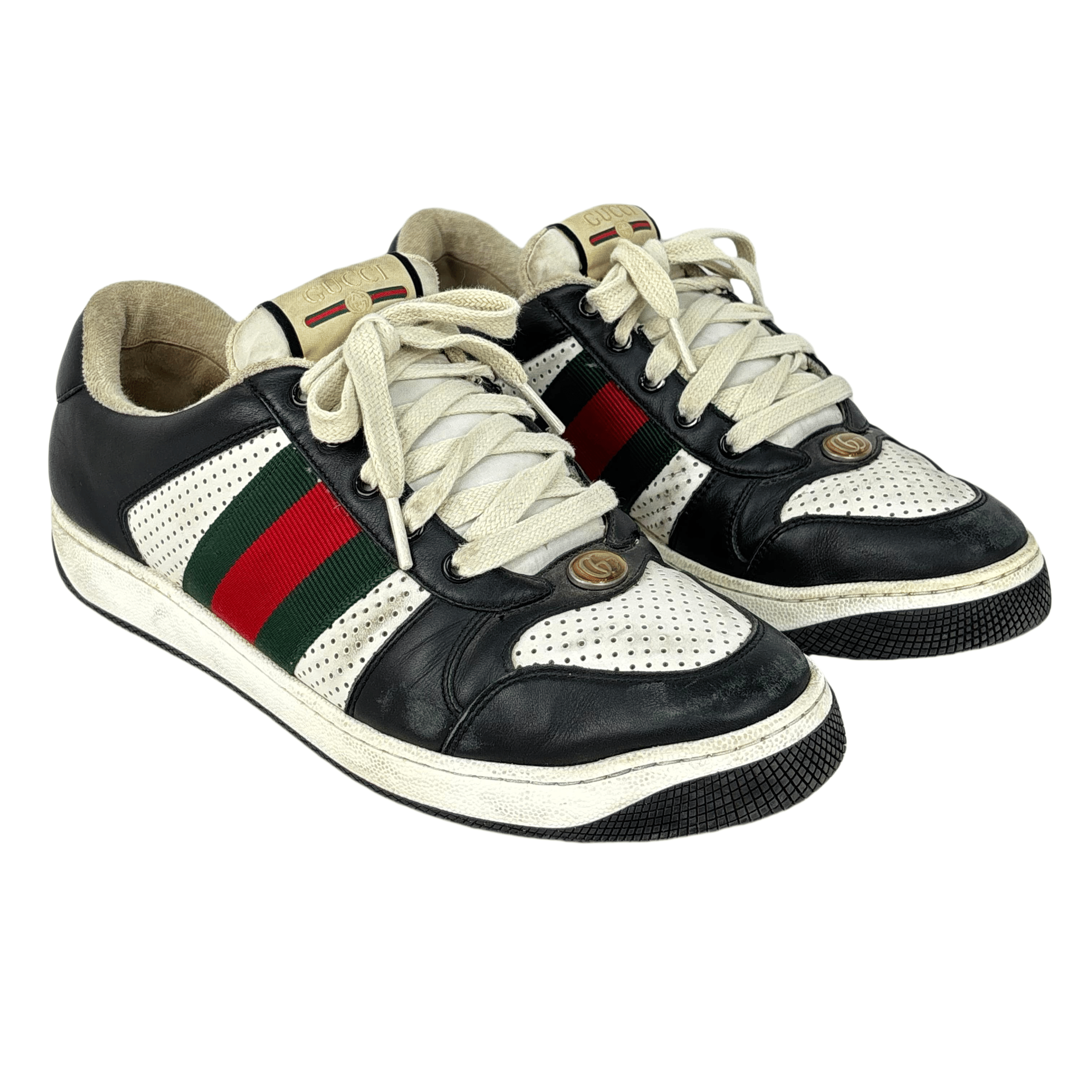 Gucci Screener Black And White Leather Web Stripe Low Top Sneakers