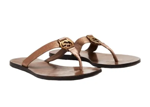 Gucci Brown Metallic Guccissima Web GG Flat Thong Sandals-Hover-Image