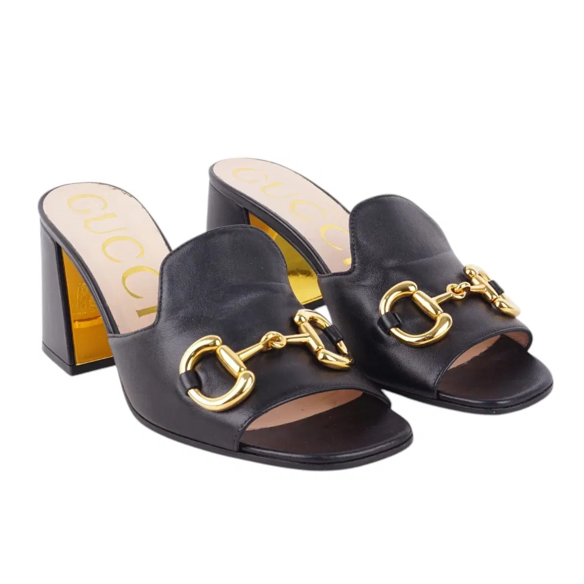 Gucci Black Leather Horsebit Block Heel Slide Sandals
