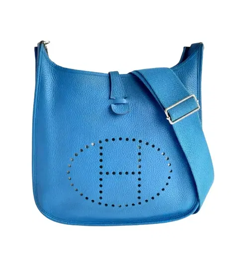 Hermes Blue Clemence Leather Evelyne PM Bag