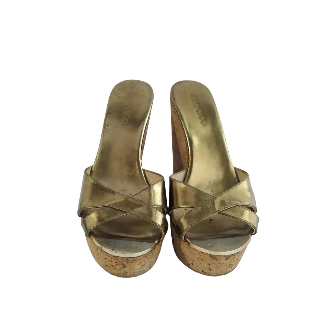 Jimmy Choo Gold Patent Leather Prima Cork Wedge Sandals