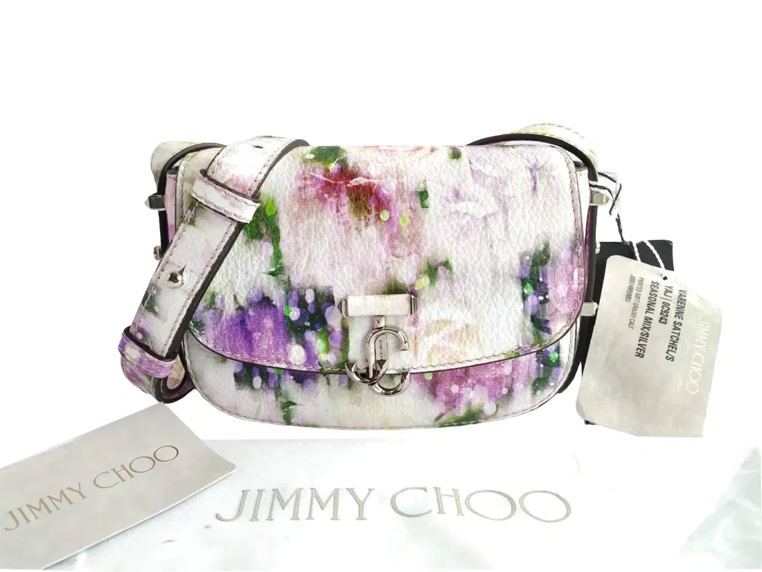 Jimmy Choo Varenne Seasonal Flower Print Silver JC Emblem Satchel