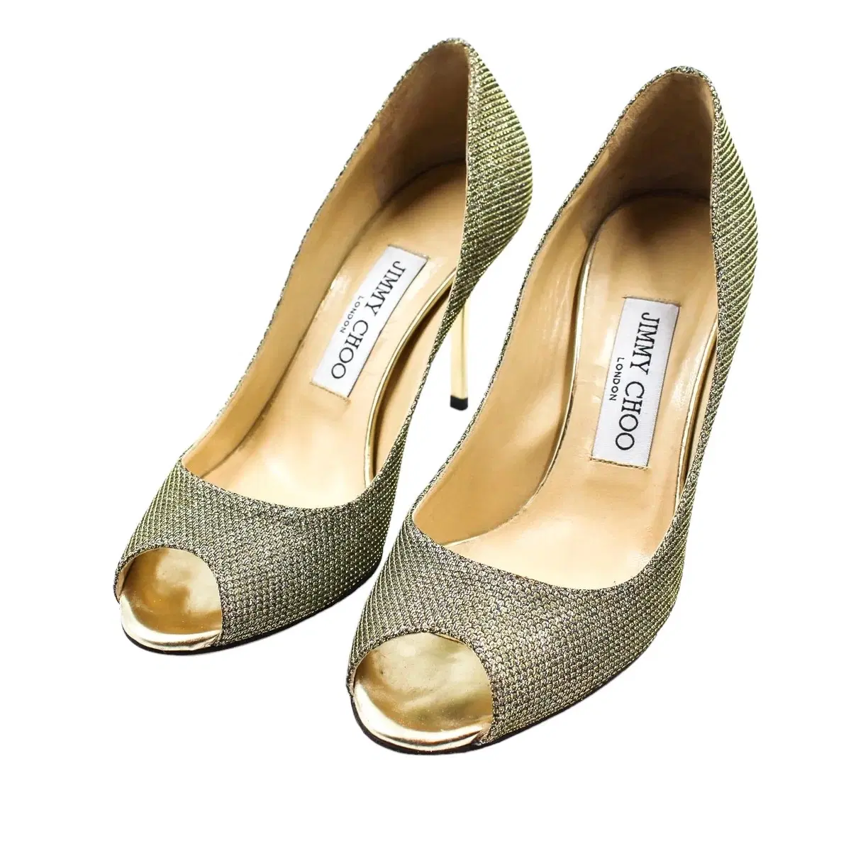 Jimmy Choo Kitten Heel Sparkly Gold Glitter Peep Toe Pumps