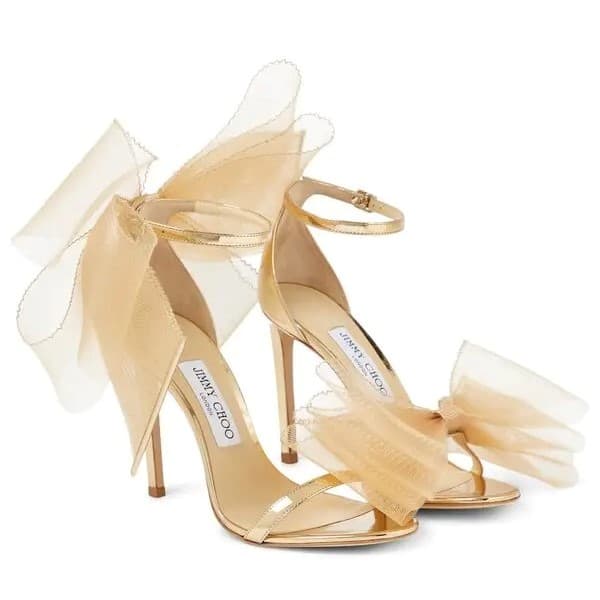 Jimmy Choo Gold Leather Averly Bow Ankle Strap Sandals