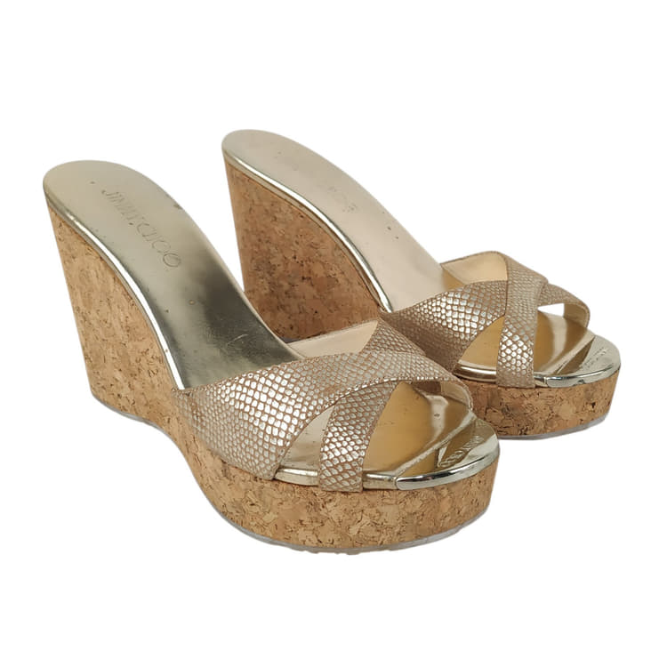 Jimmy Choo Beige Lizard Embossed Leather Perfume Cork Wedge Slide Sandals,Size 38-Hover-Image
