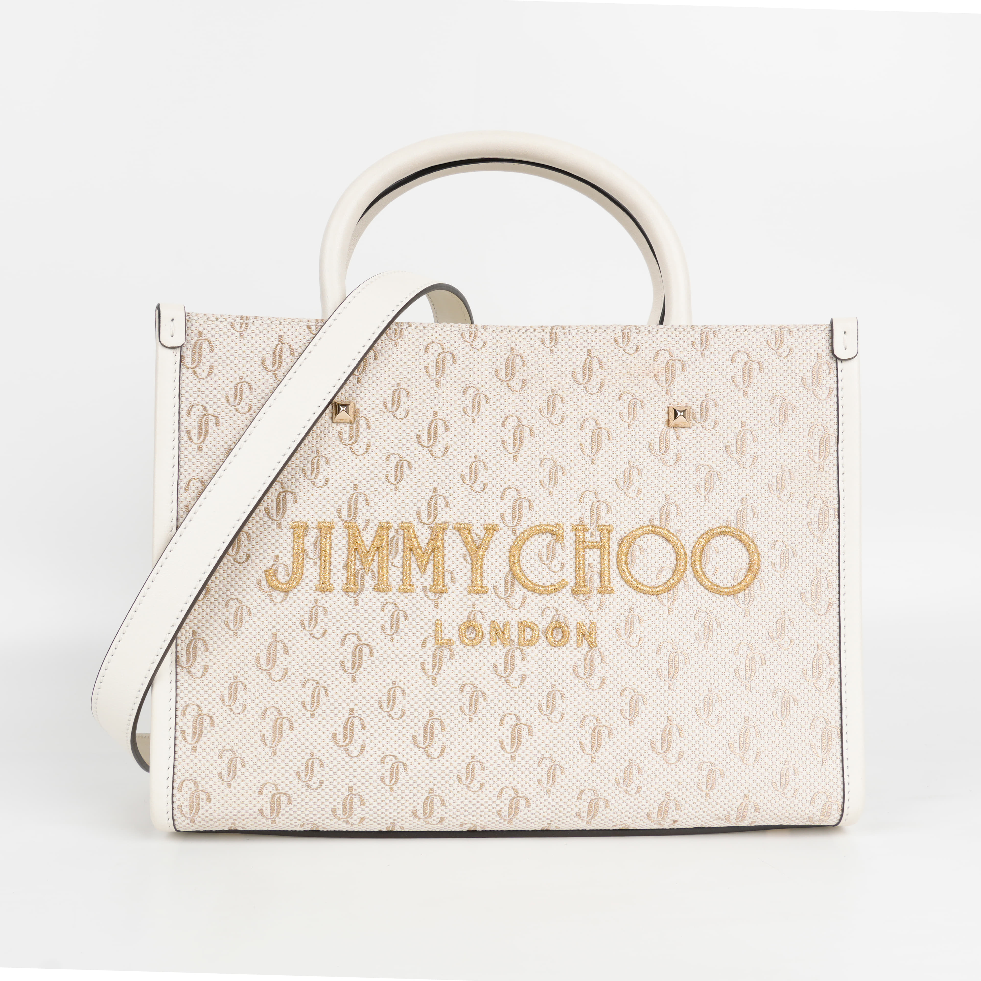 Jimmy Choo JC Logo Jacquard Lurex Soft Shiny Calfskin Medium Varenne Tote Bag Latte Gold Light Gold