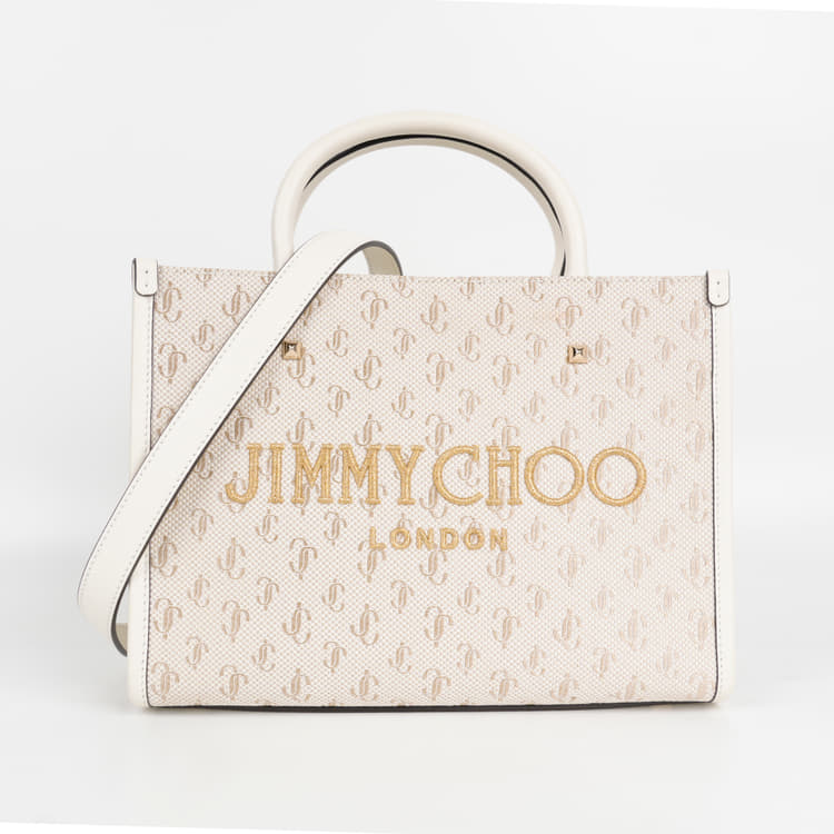 Jimmy Choo JC Logo Jacquard Lurex Soft Shiny Calfskin Medium Varenne Tote Bag Latte Gold Light Gold-Hover-Image