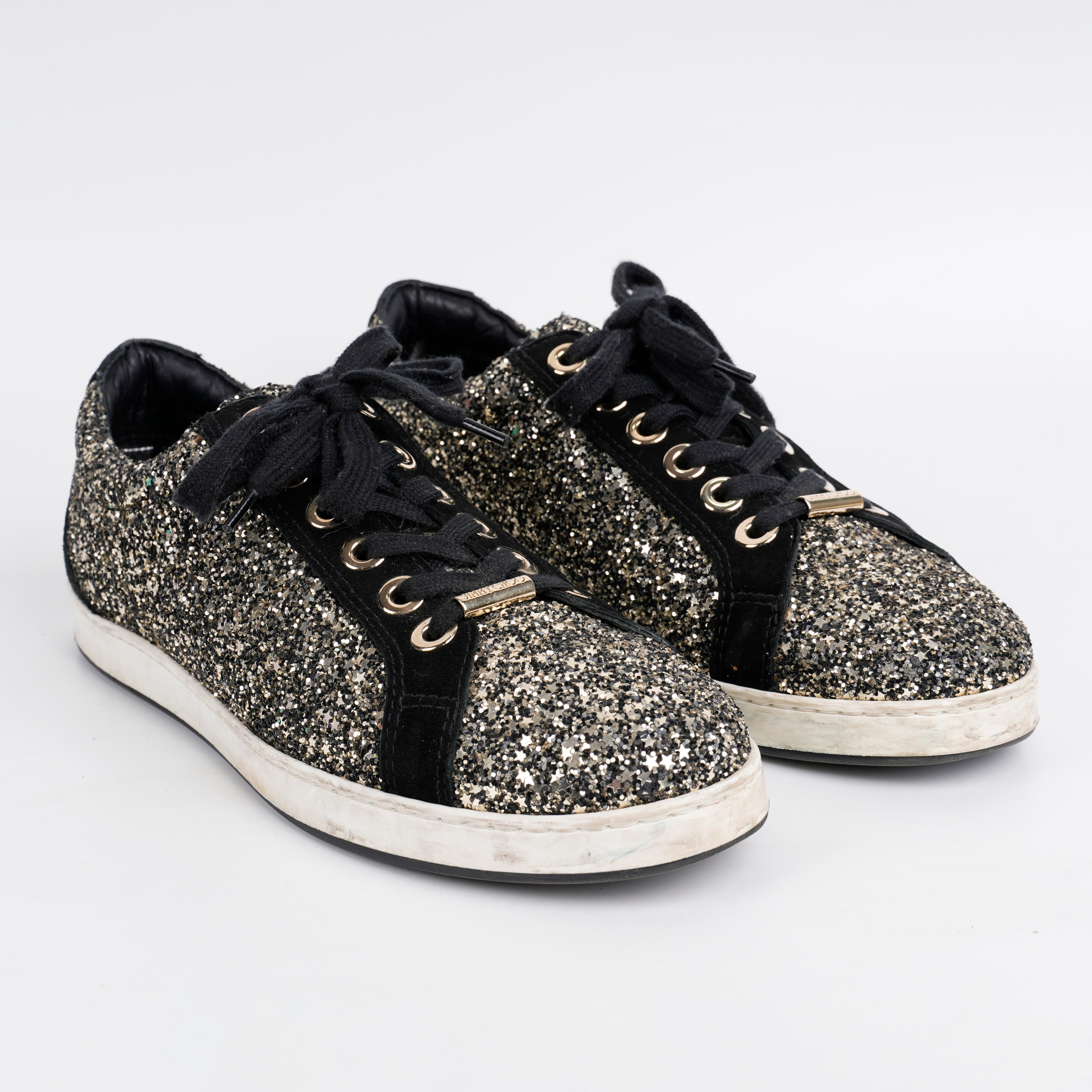 Jimmy Choo Black/Gold Glitter And Suede Leather Low Top Sneakers