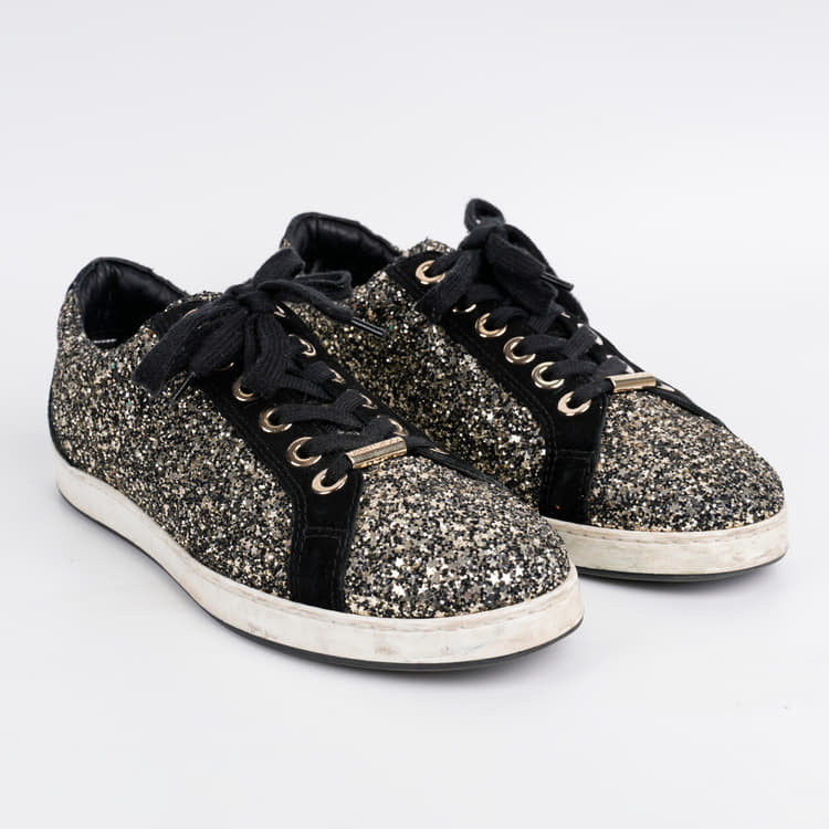 Jimmy Choo Black/Gold Glitter And Suede Leather Low Top Sneakers-Hover-Image