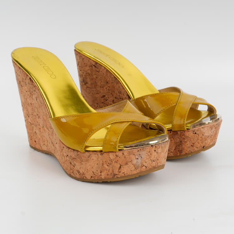 Jimmy Choo Metallic Yellow Patent Leather Pandora Cork Platform Wedges-Hover-Image