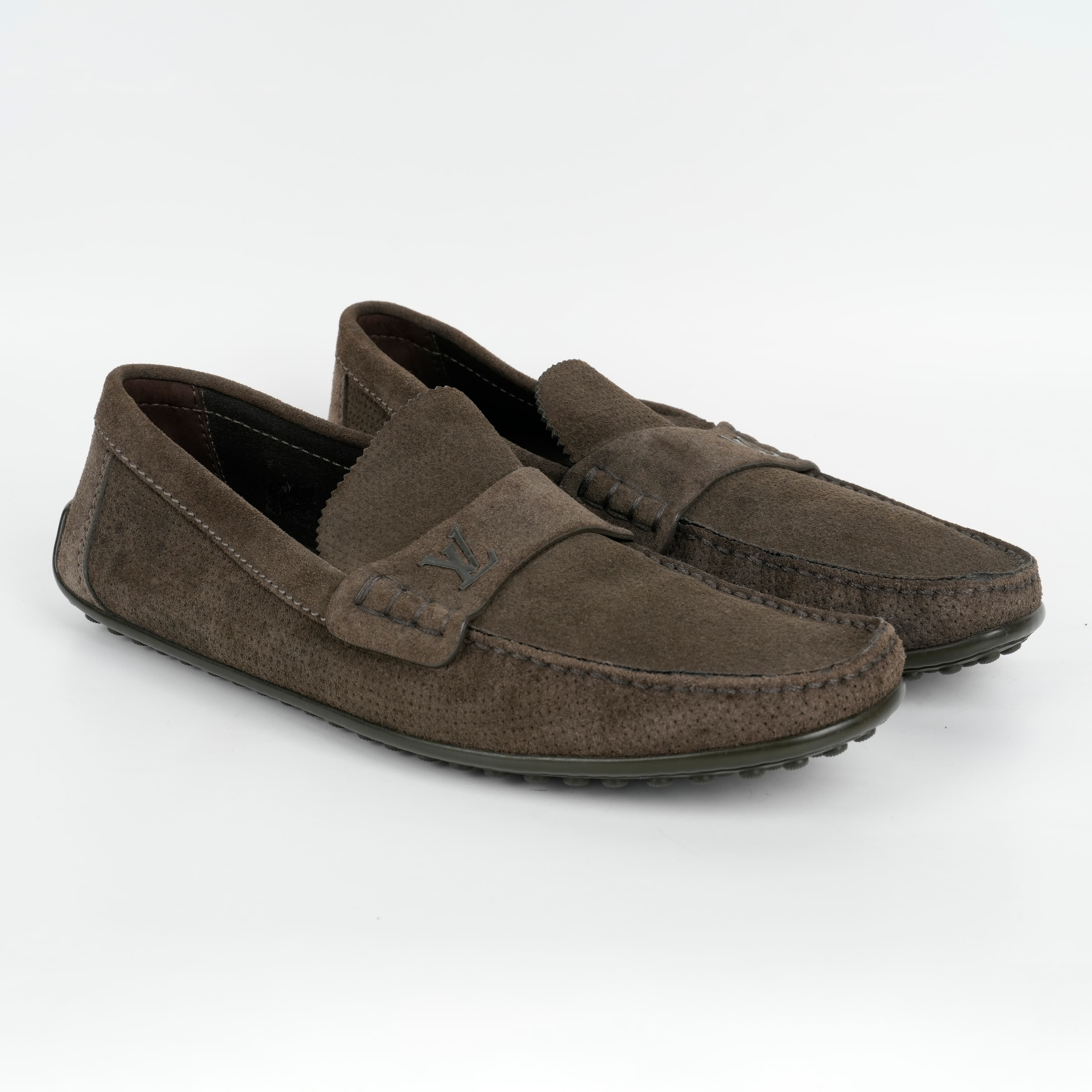 Louis Vuitton LV Logo Dark Green Suede Moccasins