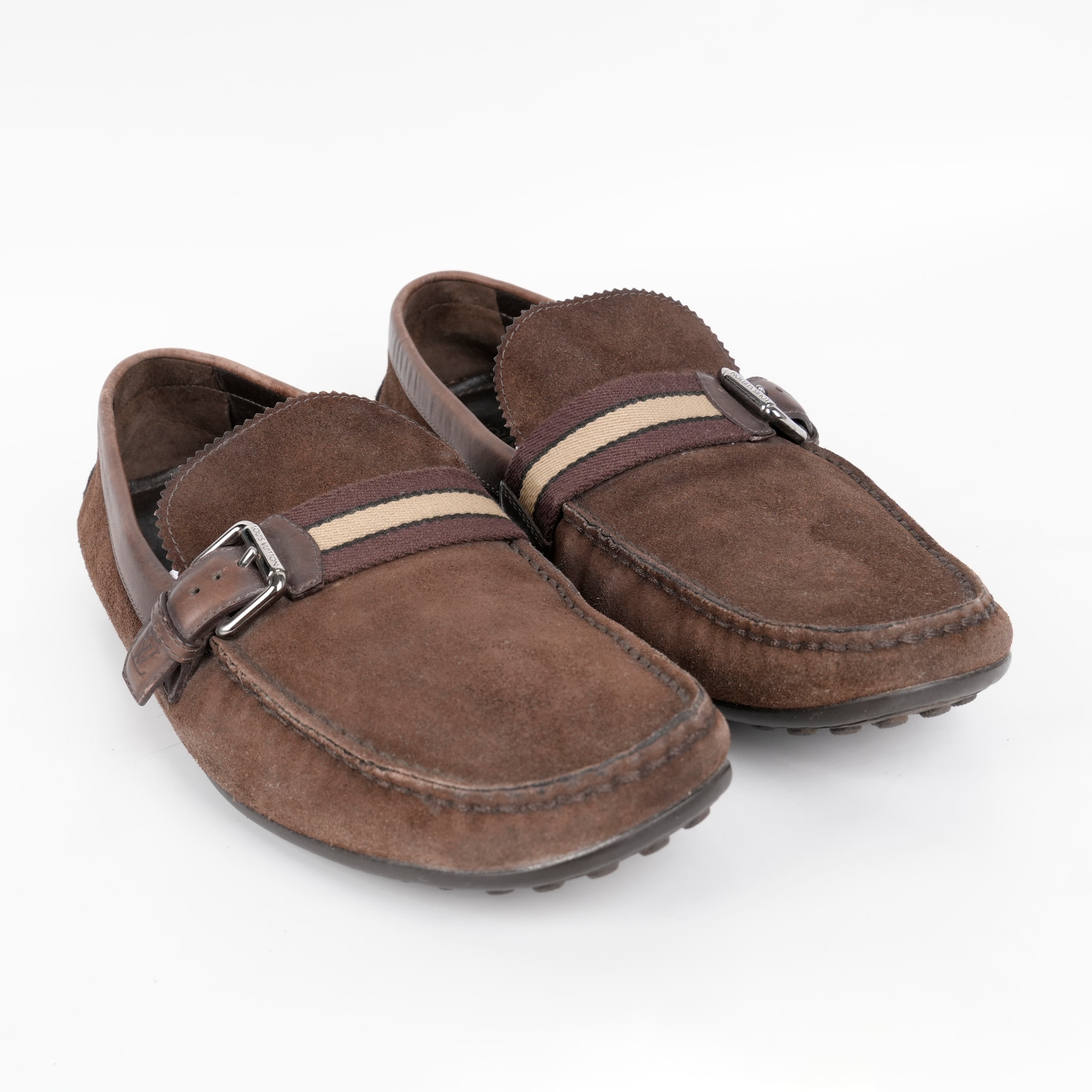 Louis Vuitton Brown Suede Stripe Buckle Loafer