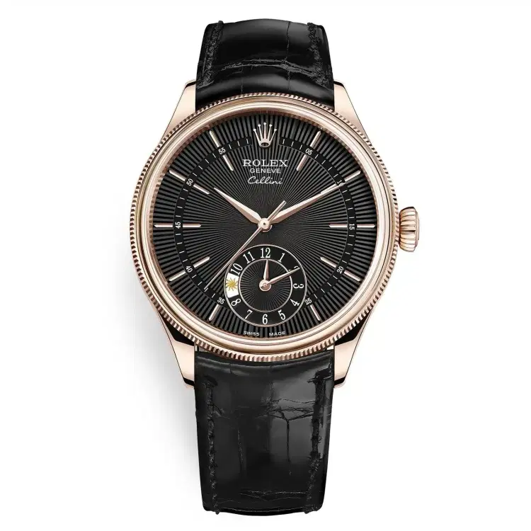 Rolex Cellini 50525 Black Dial Leather Strap Dual Time 39mm Watch-Hover-Image